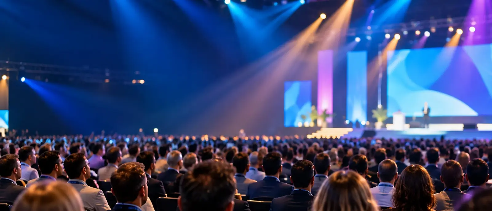 Illustrative: a large audience facing a lit conference stage